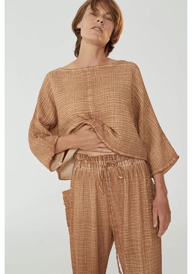 Kahverengi Yüksek Kalite Pamuk Truvakar Kollu Üst-yüksek Belli Pantolon Takım Kahverengi