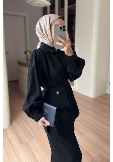 Ka Hijab Balon Kol Mini Çantalı Takım - Siyah