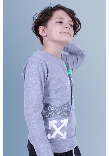 X Baskılı Uzun Kollu Erkek Çocuk Gri Sweatshirt Gri