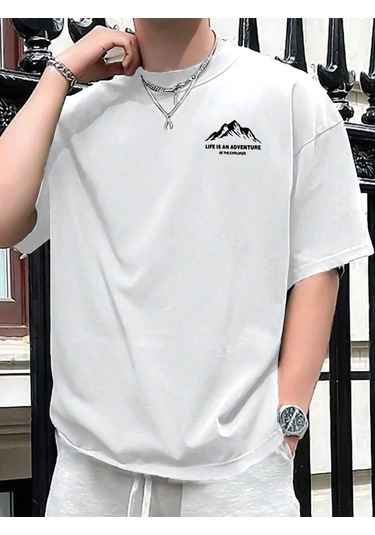Guılanerkek Yazlık %100 Pamuk Rahat Gevşek Mektup Dağ Baskılı Kısa Kollu Tişörtwhıte WHITE