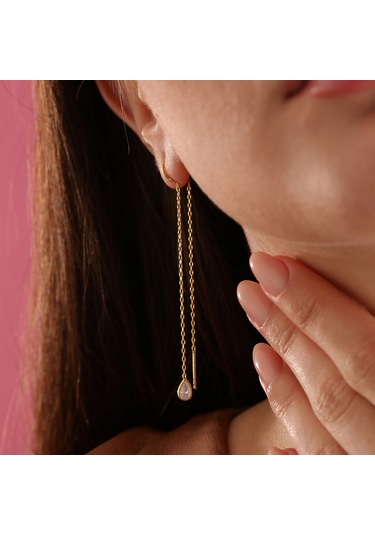 Queen Silver Jewelry 925 Ayar Gümüş Damla Taş Sallantılı Küpe Altın