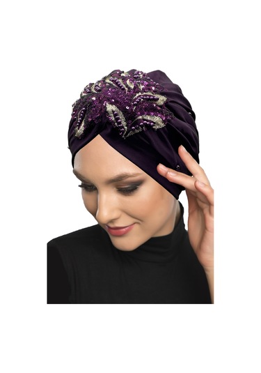 Kopma Astarlı İşlemeli Mor Payetli Yaprak Motifli Hazır Türban Tesettür Abiye Bone Mor