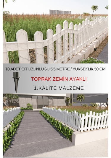 Dekoratif Plastik Bahçe ve Peyzaj Çiti 10 ADET ÇİT (Y: 50 CM / G: 5.5 M) Toprak Ayaklı - Beyaz