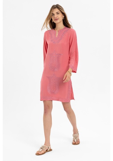 Pembe İşlemeli Uzun Kollu Astarsız Pamuklu Kısa Elbise-pembe