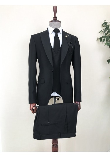 İtalyan stil ceket yelek pantolon takım elbise Siyah T8614 Siyah