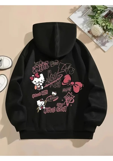 Kışlık Kapüşonlu Sweatshirt, Çocuk Hello Kitty Sırt Baskılı SiYAH