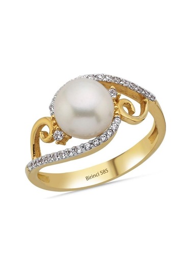 7,5 Mm Zirkon Taşlı Doğal İnci Yüzük Sarı