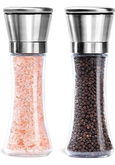 Qerhome Cam Gövdeli Paslanmaz Çelik Kapaklı Tuz Karabiber Değirmeni Tuz Karabiber Öğütücü 19 Cm 2 Adet Şeffaf