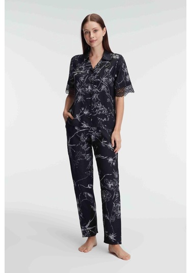 Anıl 9895 Yarım Kollu V Yaka Kadın Viskon Çiçek Desenli Yazlık Dokuma Dantel Detaylı Pijama Takımı 001