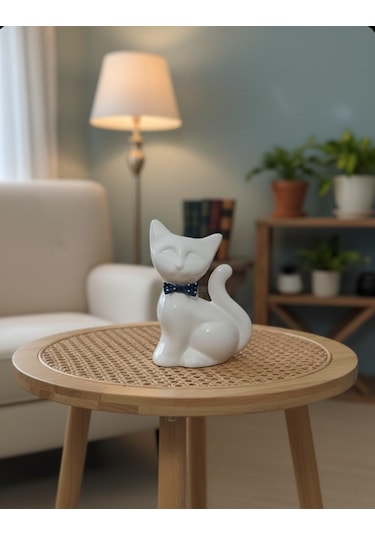 Papyonlu Kedi Dekoratif Biblo Heykel Hediyelik Obje Süs Aksesuar Beyaz