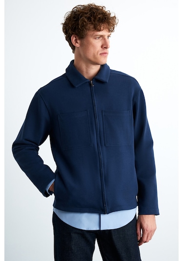 Calpe Erkek Skuba Interlok Kumaşlı Organik Pamuklu Fermuarlı Cepli Şık Gömlek Tipi Lacivert Ceket