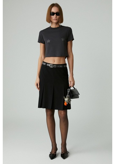 GRIMELANGE Lavıva Kadın Kısa Fermuar Detaylı Siyah Etek Siyah