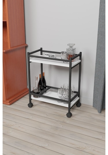 Servis Sunum Arabası Ev Tipi İki Katlı Şişe Bölmeli Servant Beyaz