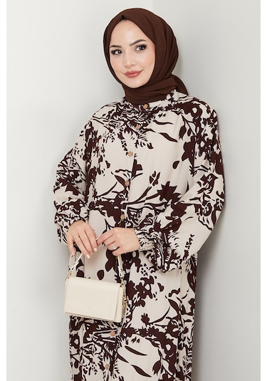 Dilşen Düğmeli Dokuma Viskon Elbise 1562 - Kahve Kahve