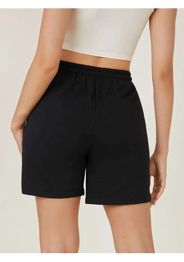 Siyah Kısa Düz Renk Baskısız Şort - Penye Baskısız Kordonlu Siyah