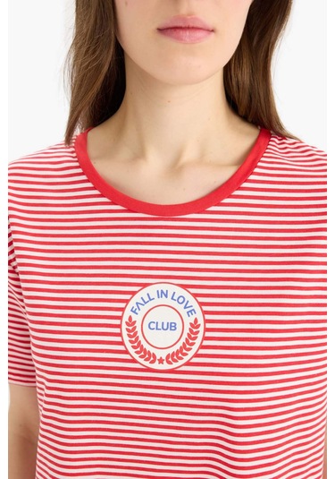 DeFacto Çizgili Bisiklet Yaka Kısa Kollu Gecelik-Fall in Love E0268AX25SPRD227