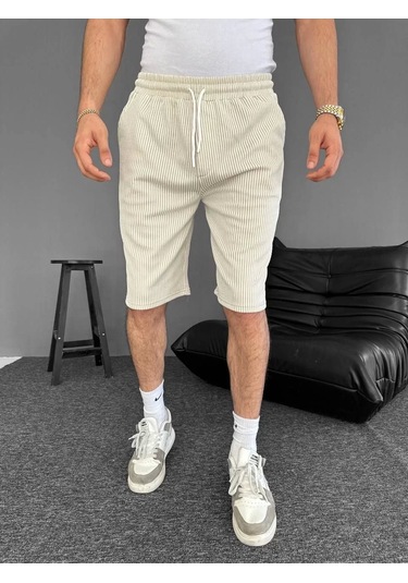 Su Yolu Çizgili Ön Arka Cepli Şort Yazlık Nefes Alabilir - Bej Bej