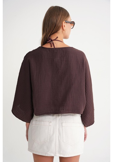 4723 Kadın Önü Bağlamalı Bolero Bluz Kahve Kahve