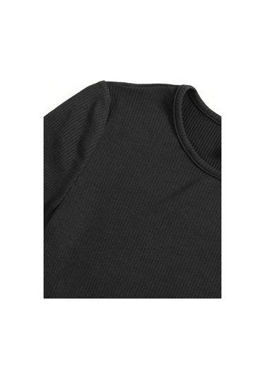 Bisiklet Yaka Siyah Renk Fitilli Kısa Kollu Slim Fit Crop Top Bluz Siyah