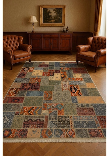 Renkli Patcwork Desen Modern Halı Dekoratif Kilim Çok Renkli