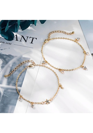 Brezza Lusso Jewelry Yıldızlı Kristal Taşlı Çift Bayan Ayak Halhal Pembe