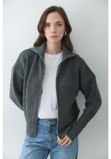 Antrasir Çift Fermuarlı Hırka - 251080 Antrasit