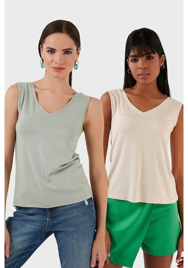 Lela Slim Fit V Yaka Kalın Askılı 2' Li Paket Bayan Bluz 5864384S2 Çağla-Taş Lela Slim Fit V Yaka Kalın Askılı 2' Li Paket Bayan Bluz 5864384S2 Çağla-Taş