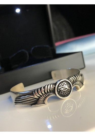 Erkek Gümüş Bileklik - Kartal Motifli Kelepçe Model Işıklı Kutuda Sevgiliye Eşe Babaya