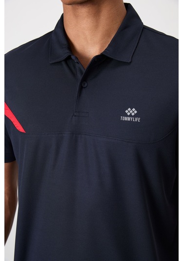 Lacivert Nefes Alan Dokulu İnce Esnek Standart Fit Polo Yaka Erkek Performans T-shirt - 88402 Lacivert