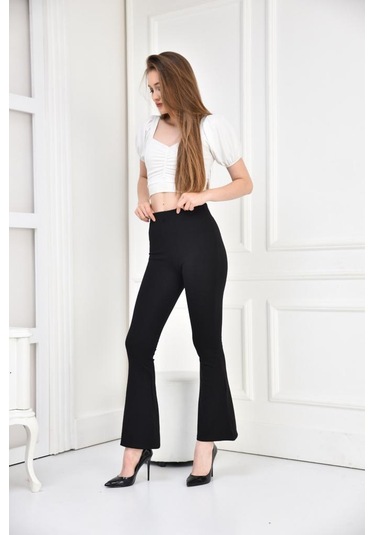 Kadın Siyah İspanyol Paça Toparlayıcı Yüksek Bel Tayt Siyah