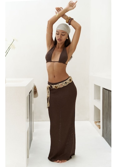 Mai Collection Mai Studios Co. Pangestu Üçgen Kahve Crop Etek Triko Takım Kahve