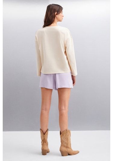 Basıl Kadın Oversize %100 Organik Pamuk Örme Uzun Kol Bej T-shirt