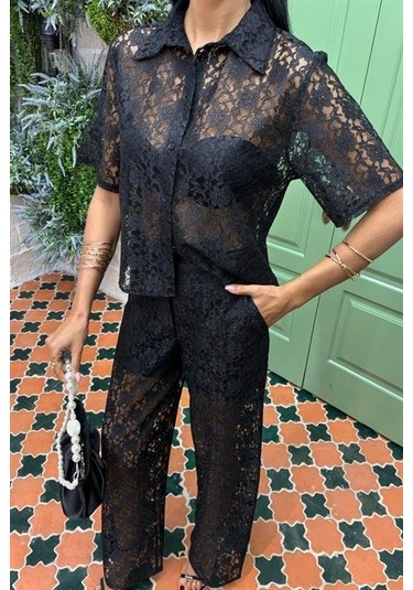 Pantolonu Astarlı Dantel İkili Takım 10119 Si Yah