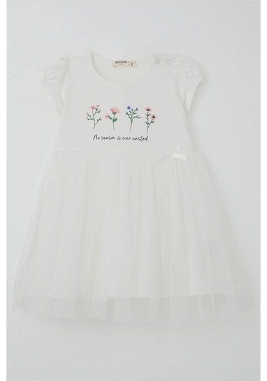 Breeze Kız Çocuk Elbise Çiçek Baskılı Tüllü Fiyonk Detaylı 1.5-5 Yaş, Ekru Ekru