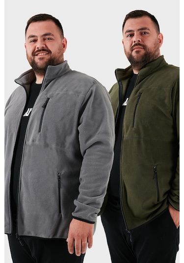 Buratti Regular Fit Dik Yaka Fermuarlı Büyük Beden 2'Li Paket Polar Erkek Hırka 5906028Bs2 Gri-Haki
