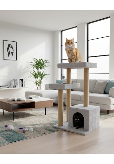 Reyo Pet Kulübeli Çift Teraslı Kedi Tırmalaması Gri