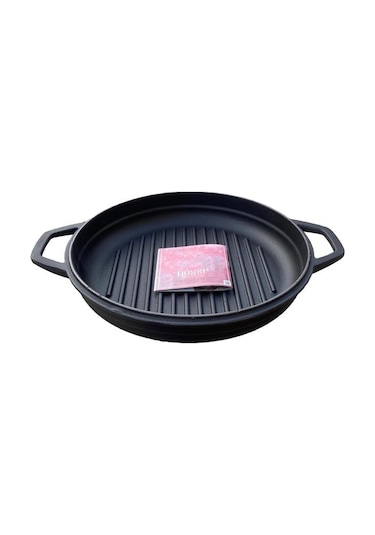 Hosse 28 Cm Yuvarlak Demir Döküm Grill Tava Çift Kulplu Siyah Siyah