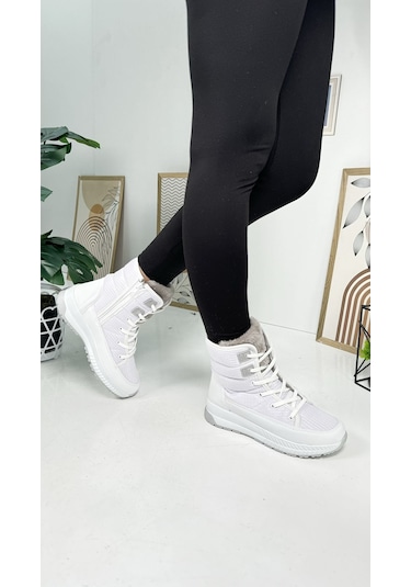 Günlük Kadın Kar Botu Kürklü Bağcıklı Fermuarlı Rahat Yüksek Kalın Tırtıklı Taban Bootie 815 Beyaz