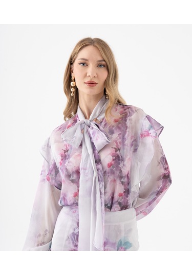 Fırfır Detaylı Transparan Çiçek Desenli Bağlama Yakalı Takım Lila