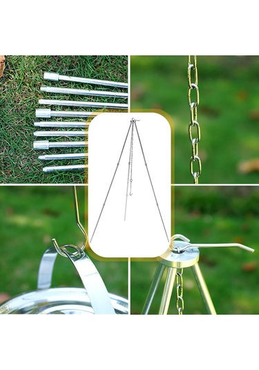 Barbekü Tripod Çerçevesi Zincir Ve Kanca Saklama Çantası Ayarlanabilir Yükseklik Kamp Tripod Standı Açık Gümüş