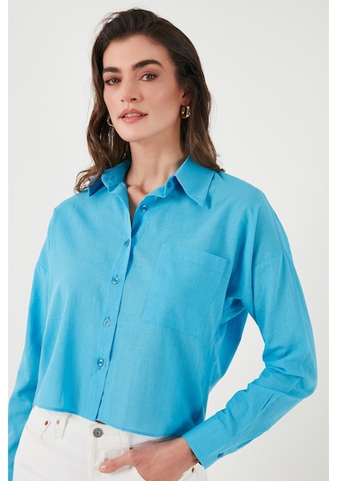 Lela Pamuk Ve Keten Karışımlı Regular Fit Önü Kısa Arkası Uzun Bayan Gömlek 6772867 Mavi