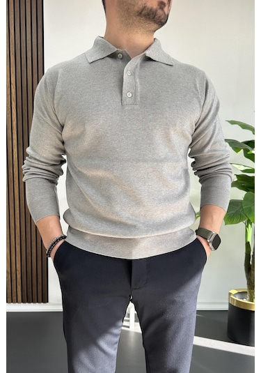 Erkek Düğmeli Polo Yaka Kazak Gri Edw231 Gri