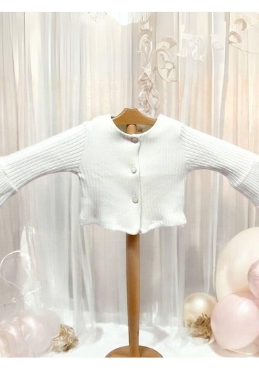Kız Çocuk Kolları İspanyol Kol Düğmeli Hırka-15214 Ekru
