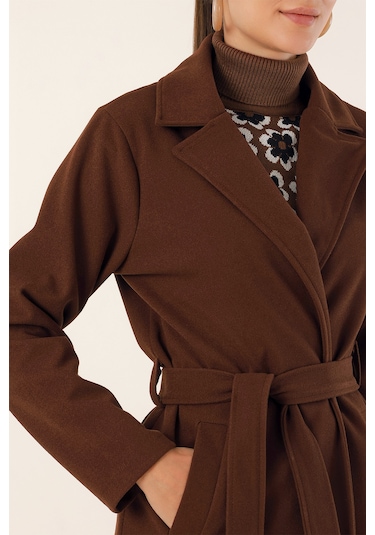 9118 Kruvaze Yaka Kaşe Kaban - Kahverengi Kahverengi