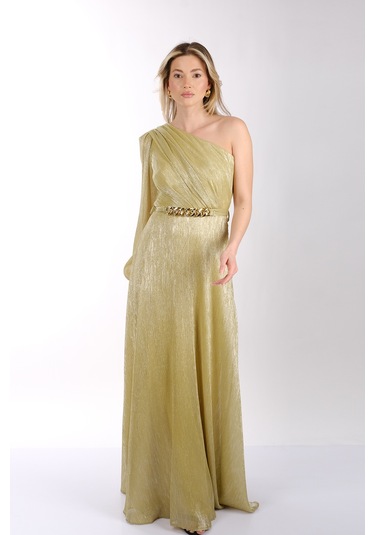 Explosion Tek Omuz Maxi Metalik Elbise - Şıklığı Ve Konforu Bir Arada Lime