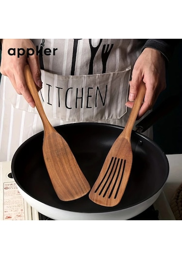 Brightnova Appker Akasya Ahşap Spatula Seti Wooden Shovel Yapışmaz Yemek Güvenli Pişirme Karıştırma Kızartma Düz Ve Delikli Spatula Ahşap