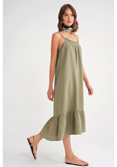 4740 Kadın Askılı Müslin Midi Elbise Çağla Çağla Yeşili