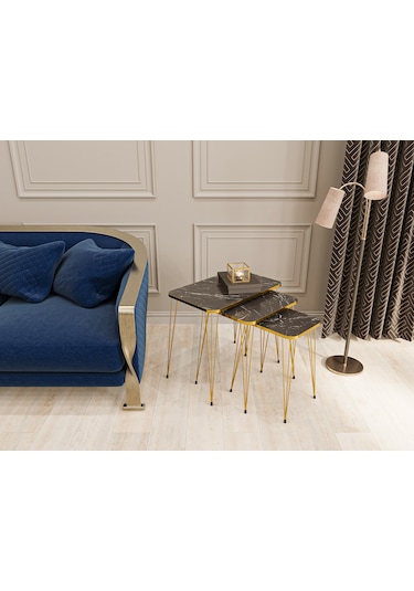 Zigon Sehpa 3'lü Dikdörtgen Gold Tel Ayaklı Siyah Mermer-Gold