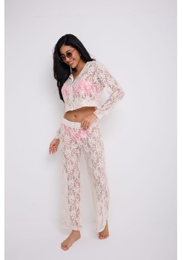 Kapuşonlu Dantel Bluz Ekru