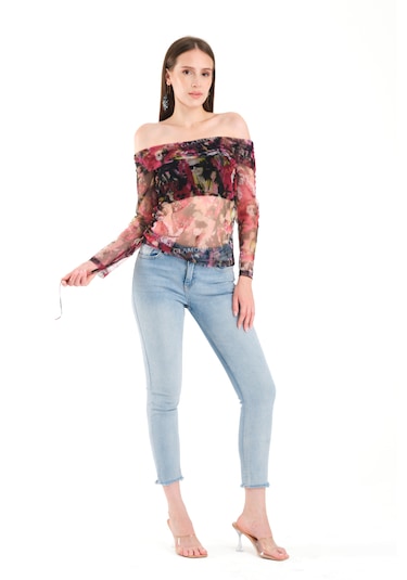 Düşük Omuz Büzgülü Bluz Pembe